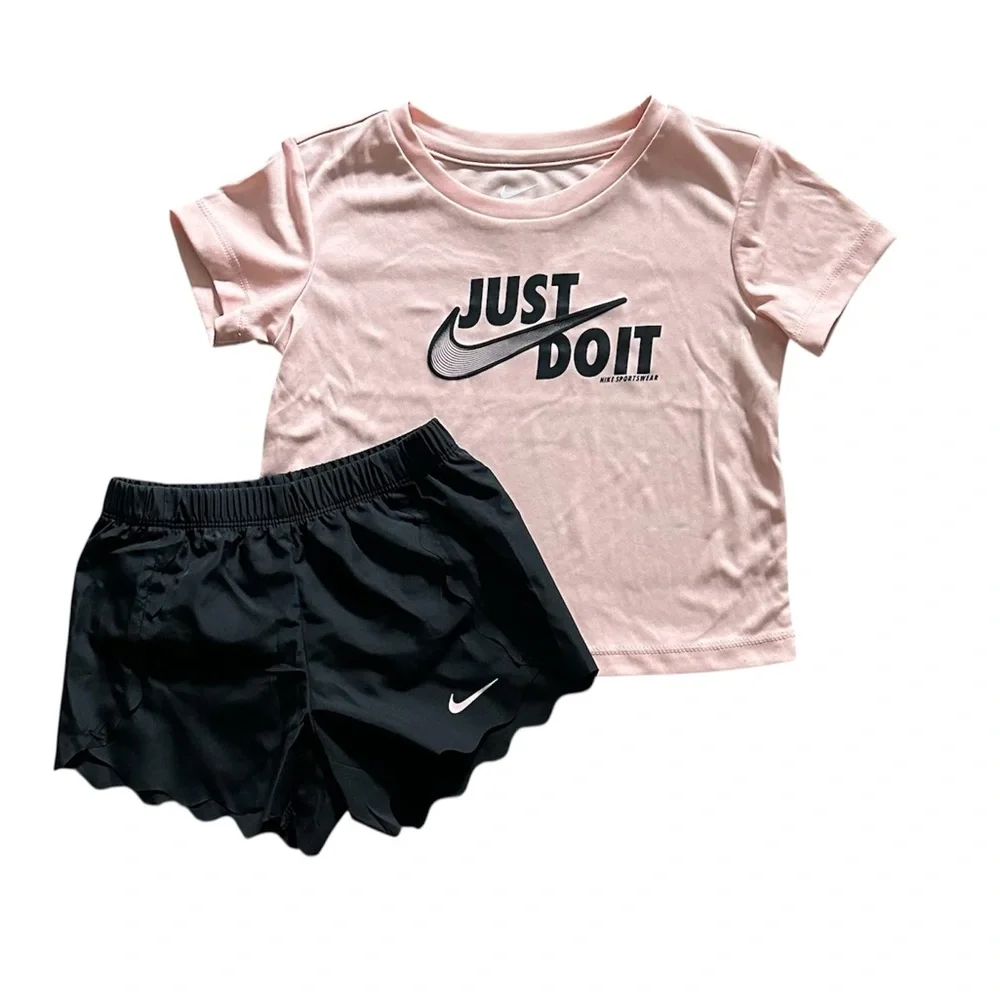 Nike Girls Dri-FIT 2 Piece Outfit Size 4T New With Tags Top Shorts Peach Gray
